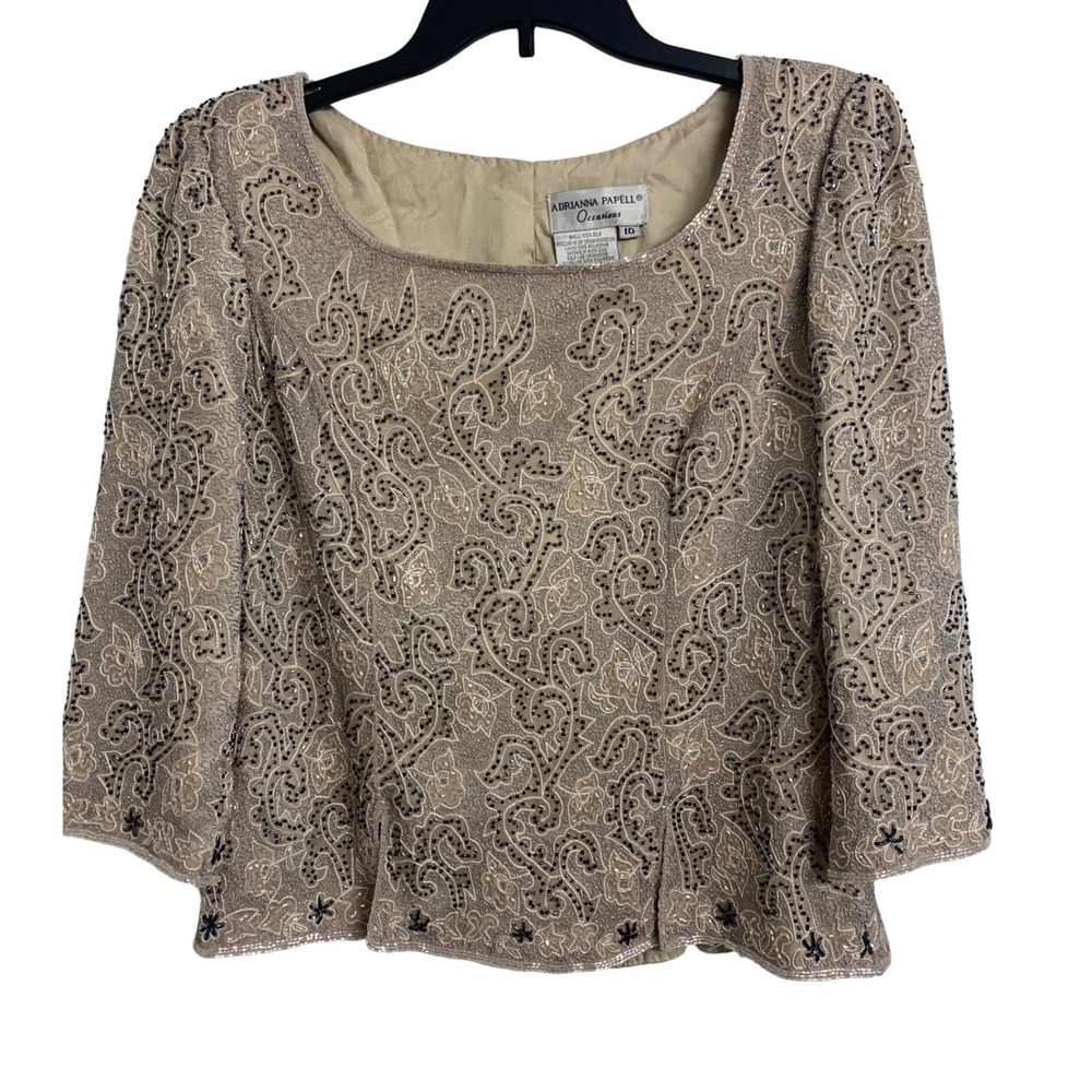 Adrianna Papell Occasions Silk Beaded Sequin Evening Top Champagne Silver  10